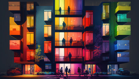 Modern building with colorful lights and people silhouettes. 3d renderingの素材