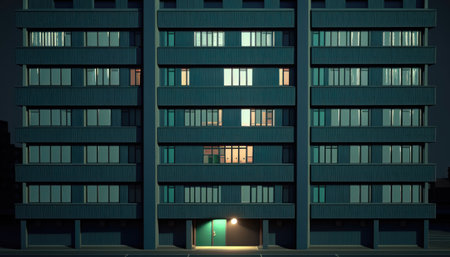 Illustration of a modern apartment building at night with windows and lightsの素材