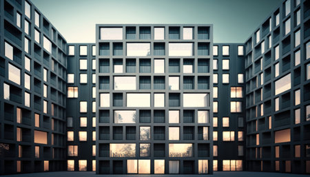 Modern office building with glass windows. 3d rendering toned imageの素材