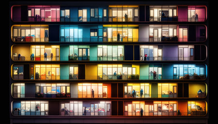 Colorful windows of a modern apartment building in the city at nightの素材