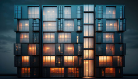 Modern office building at night. 3D rendering. Double exposure.の素材