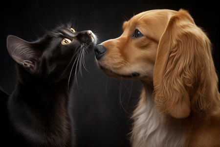 Cat and dog on a black background. Close-up portrait.の素材