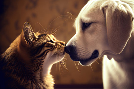 Cute yellow labrador retriever dog and cat kissing together.の素材