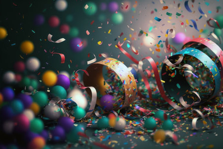 Colorful confetti and streamers on dark background. 3d renderingの素材