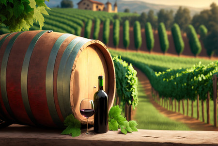 Wine and barrel on vineyard in Chianti, Tuscany, Italyの素材