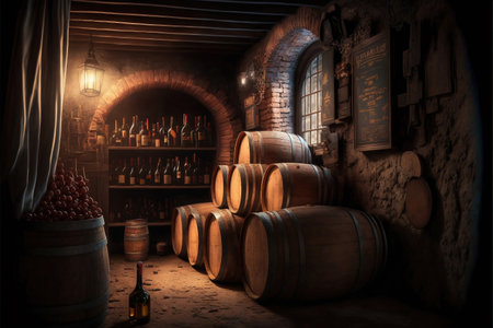 Wine cellar interior with barrels and wine bottles. 3D renderingの素材