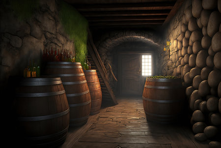 Wine cellar with wooden barrels. 3d render. Vintage style.の素材