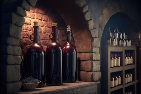 Bottles of red wine in cellar. 3d render illustration.の素材