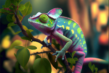 Colorful chameleon on a branch with leaves in the forestの素材