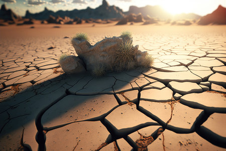 Desert landscape with dry cracked ground. 3d render illustration.の素材