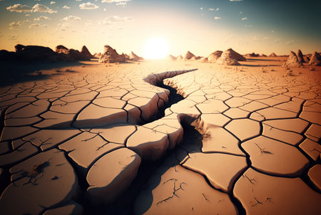 Dry cracked ground with plant in the desert. 3d renderの素材