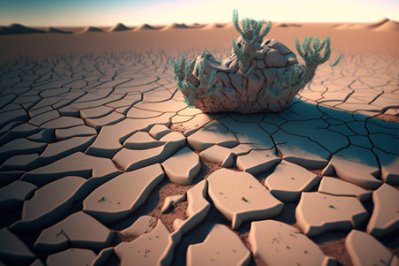 Dry land. Cracks in the ground. Sunset. 3d renderの素材