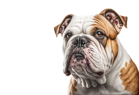 Close-up portrait of an English bulldog isolated on white background, AI Generatedの素材