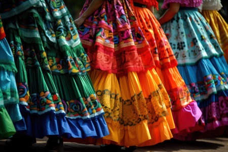 Colorful Mexican women's dresses on display at a street market in Mexico City, AI Generatedの素材