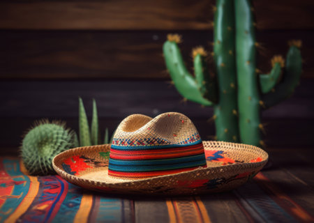Mexican hat with sombrero and cactus on wooden background, AI Generatedの素材