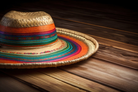 Mexican sombrero hat on wooden background. Toned., AI Generatedの素材