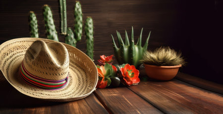 Mexican hat and cactus on wooden table. Vintage style., AI Generatedの素材