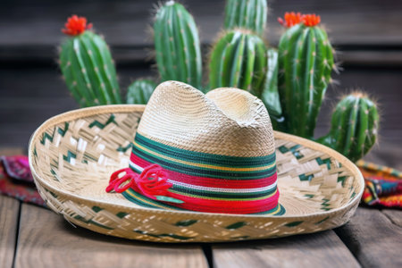 Mexican sombrero hat with cactus on a wooden background, AI Generatedの素材