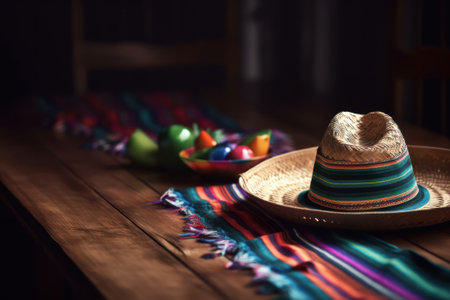 Traditional mexican sombrero hat and colorful candies on wooden table, AI Generatedの素材
