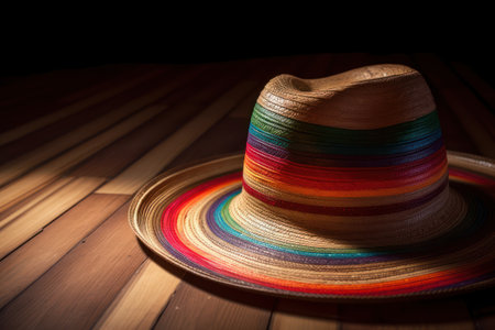 Mexican sombrero hat on wooden background. Selective focus. Toned., AI Generatedの素材