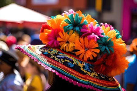 Mexican woman wearing a colorful hat at the celebration of the Day of the Dead., AI Generatedの素材