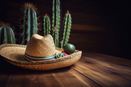 Mexican hat and cactus on wooden table. Selective focus, AI Generatedの素材