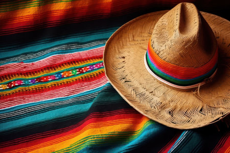 Mexican sombrero hat on colorful textile background. Toned., ai generatedの素材