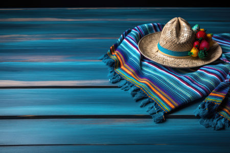 Mexican sombrero hat and colorful poncho on wooden background, ai generatedの素材