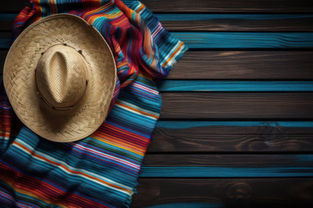 Mexican sombrero hat and colorful striped blanket on wooden background, ai generatedの素材