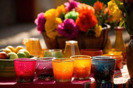 Colorful tableware on a summer terrace with flowers in the background, ai generatedの素材