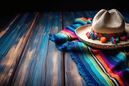 Mexican sombrero hat and colorful poncho on wooden background, ai generatedの素材