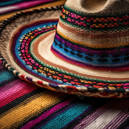 Mexican hat and colorful fabrics. Close up shot. Selective focus., ai generatedの素材