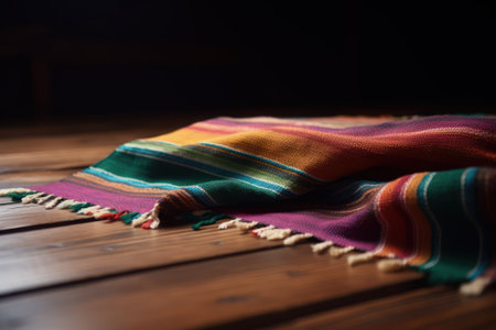 Mexican poncho on wooden table, close up. Copy space, ai generatedの素材