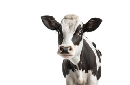 Portrait of a young black and white cow isolated on white backgroundの素材