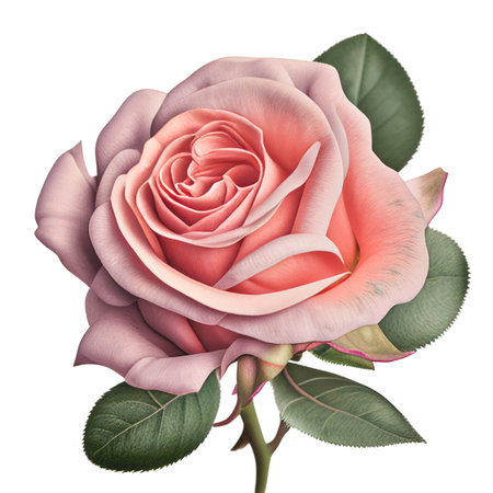 Pink rose with leaves isolated on white background. Close-up.の素材