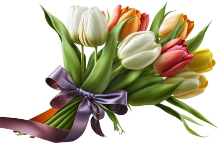 bouquet of tulips with ribbon isolated on white background.の素材