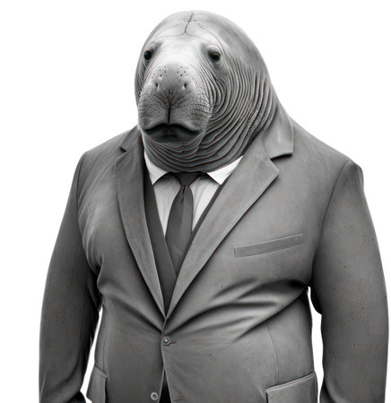 3D rendering of a silver seal in a business suit isolated on white background,AI Generatedの素材