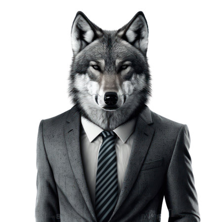 Portrait of a wolf in a suit and tie on a white background,AI Generatedの素材