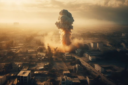 Big explosion in the city at sunset. Pollution of the environmentの素材