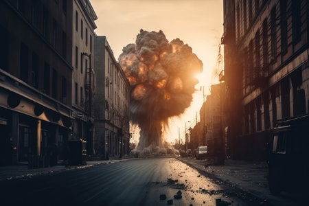 Explosion on the street of the city. Smoke from a burning building.の素材
