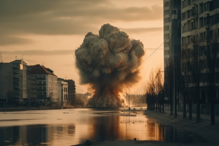 Big explosion in the city at sunset. The concept of disaster, danger, catastrophe.の素材