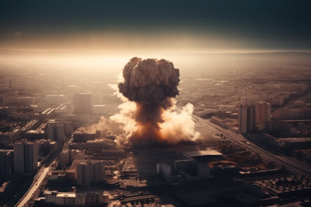 3d illustration of a huge explosion in the city at sunset.の素材