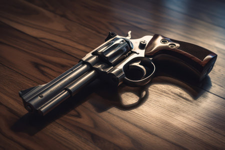 Revolver gun on a wooden table. Shallow depth of fieldの素材