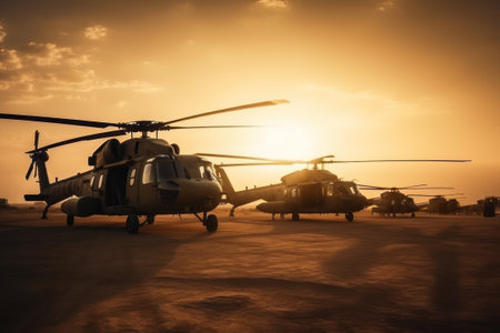 Helicopter in the desert at sunset. Concept of rescue and rescue., AI Generatedの素材