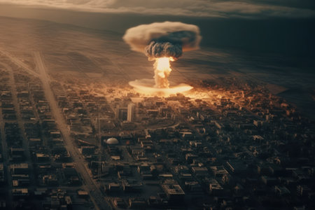 3d illustration of a nuclear explosion over the city at sunset.AI Generatedの素材