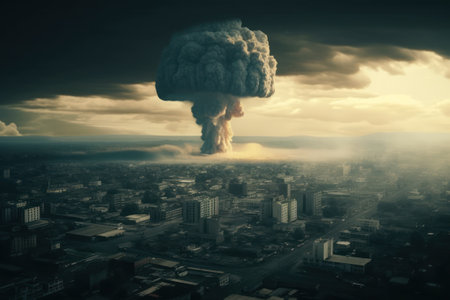 Nuclear explosion over the city at sunset. 3D Rendering AI Generatedの素材