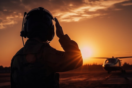 Silhouette of pilot in helmet and glasses saluting at sunrise, AI Generatedの素材