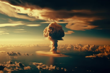 Nuclear explosion at sunset. 3d render of explosion with smoke, AI Generatedの素材