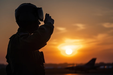 Silhouette of a pilot in a helmet on the background of an airplane at sunset, AI Generatedの素材