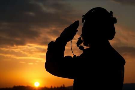 Silhouette of a man with headphones and microphone at sunset., AI Generatedの素材